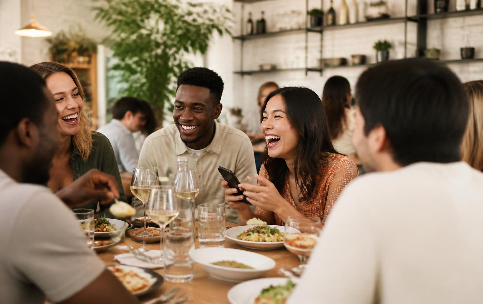 Friends sharing a meal and talking