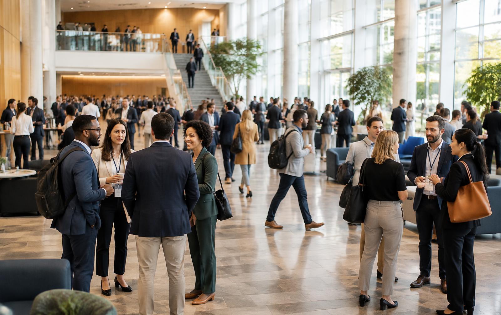 People gathering and talking in a busy venue atrium