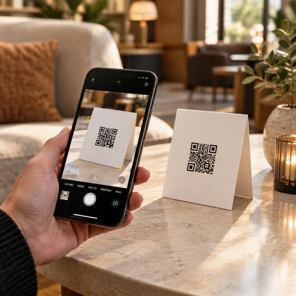 A participant scanning a QR touchpoint on a table